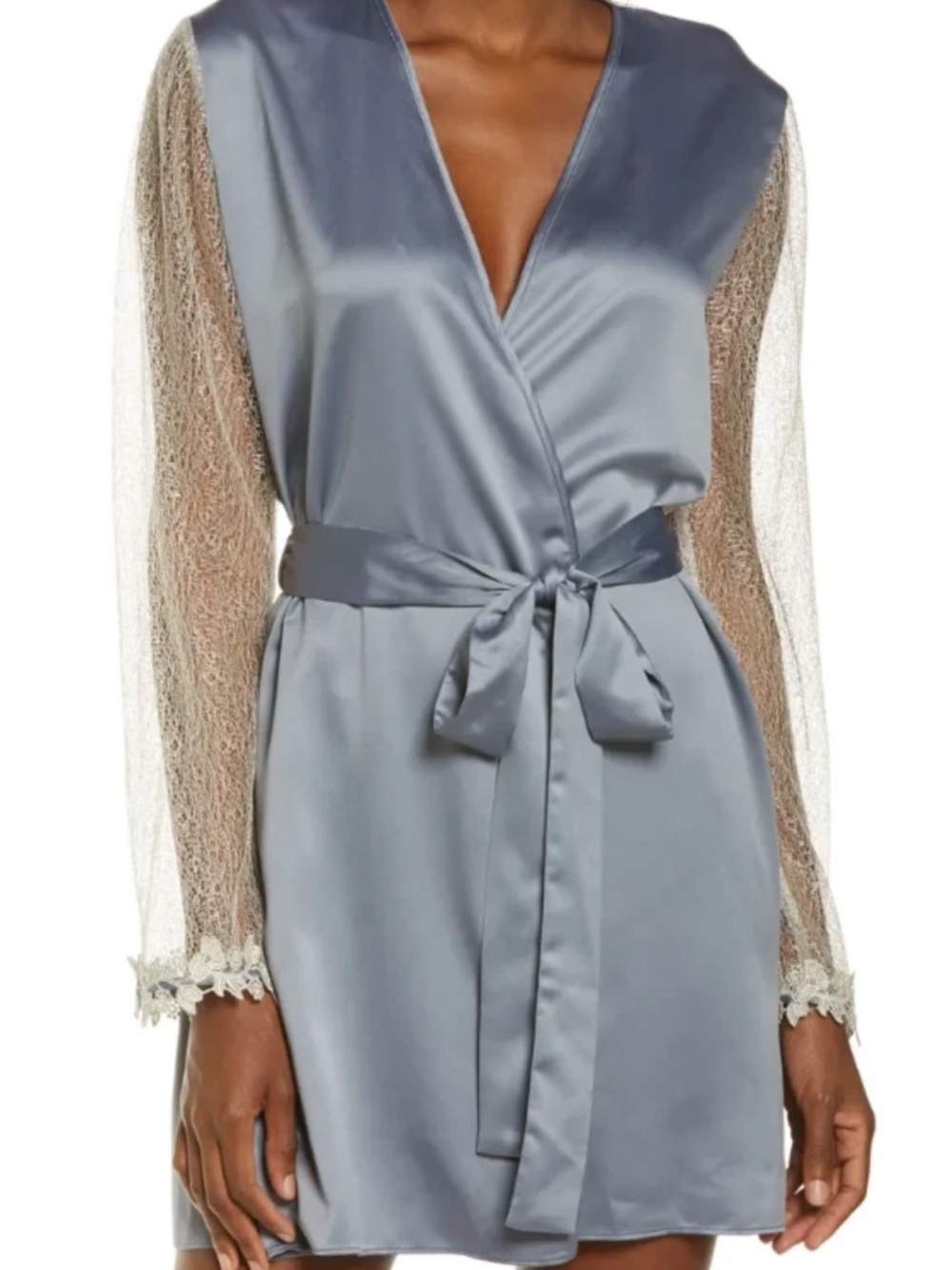 Flora Nikrooz Steel Blue Satin Wrap Robe with Sheer Lace Sleeves